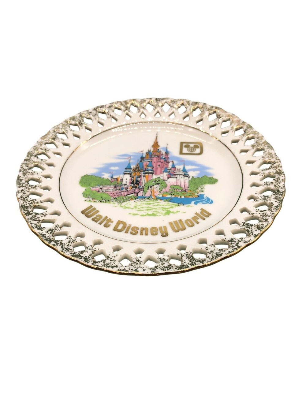 Vintage Disney Walt Disney World Lace Edge Souvenir Plate Castle Japan White